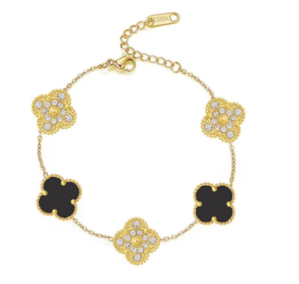 Black and Gold Ubax Van Cleef with Diamonds Set - 18K Gold Plated (15mm clover)