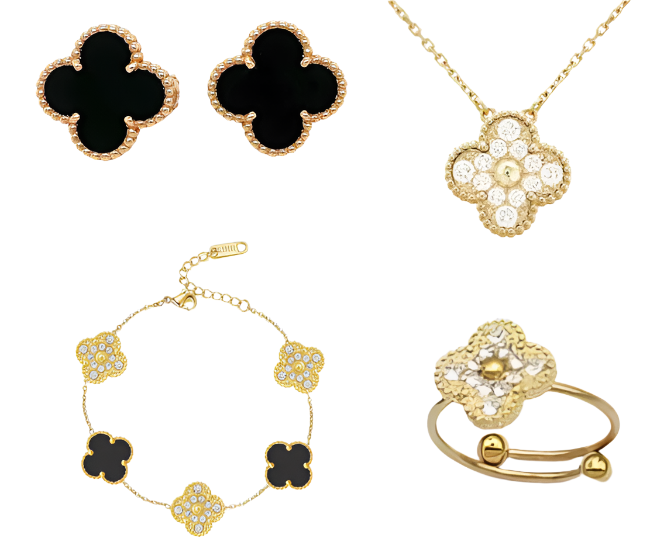 Black and Gold Ubax Van Cleef with Diamonds Set - 18K Gold Plated (15mm clover)