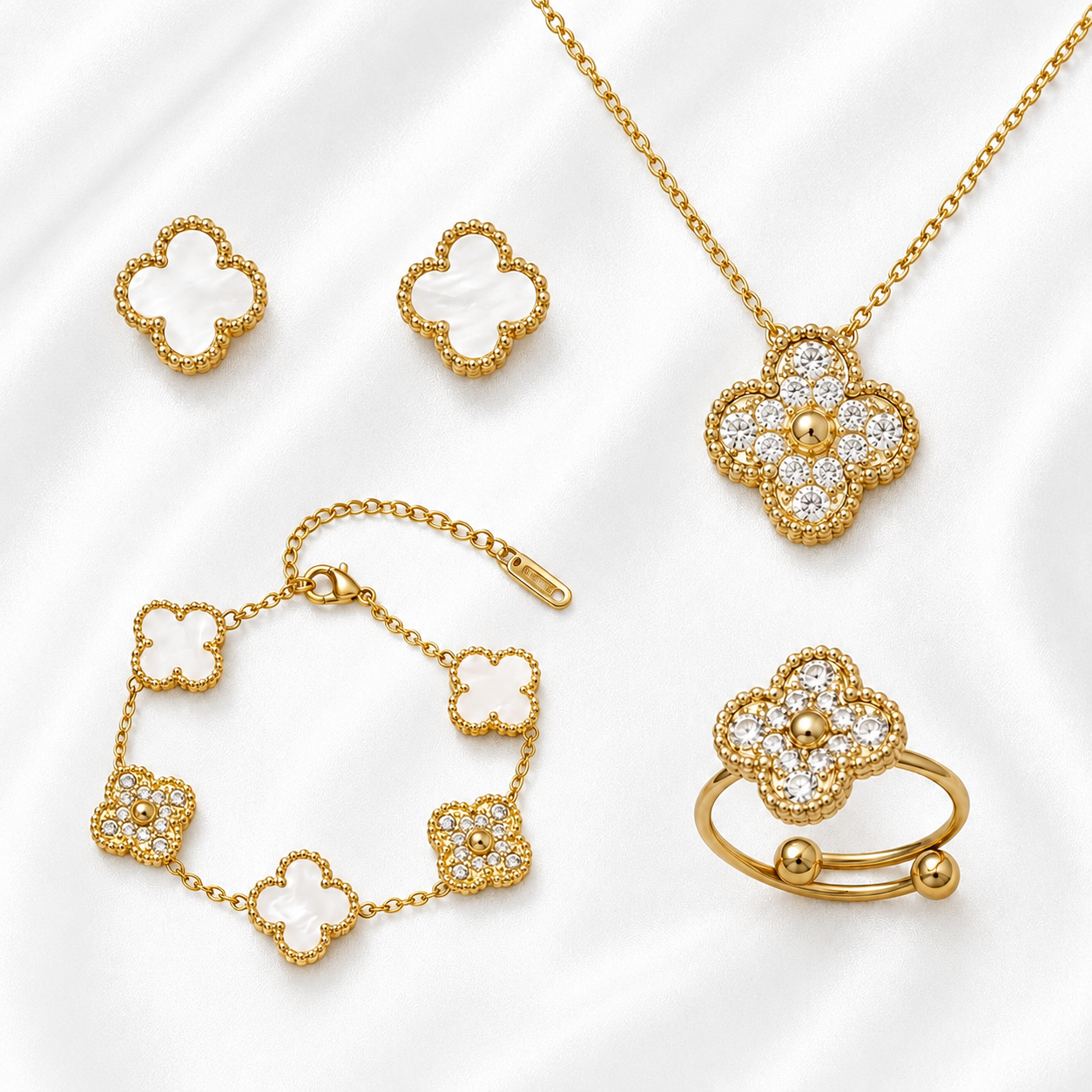 White and Gold Ubax with Diamonds Set - 18K Gold Plated (15mm clover)