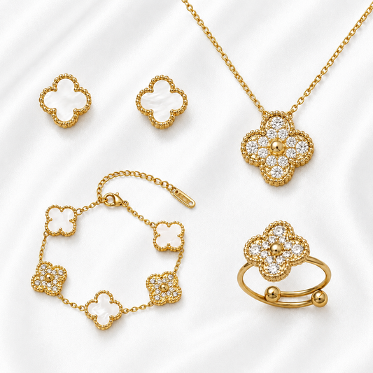 White and Gold Ubax with Diamonds Set - 18K Gold Plated (15mm clover)