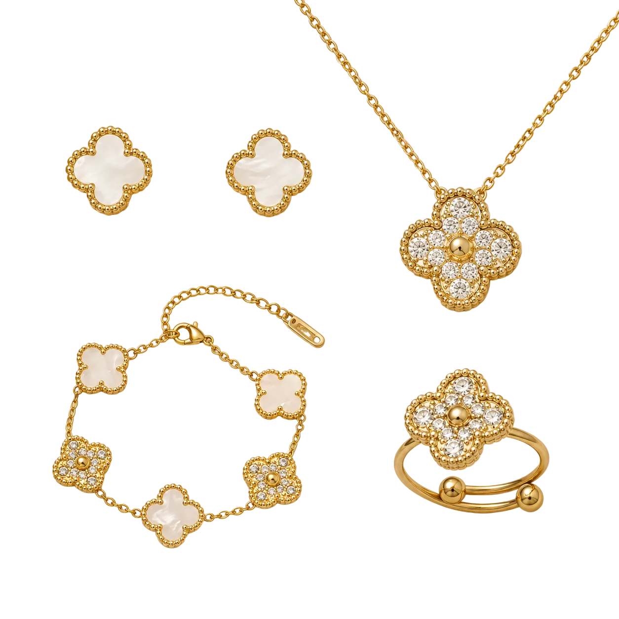 White and Gold Ubax with Diamonds Set - 18K Gold Plated (15mm clover)